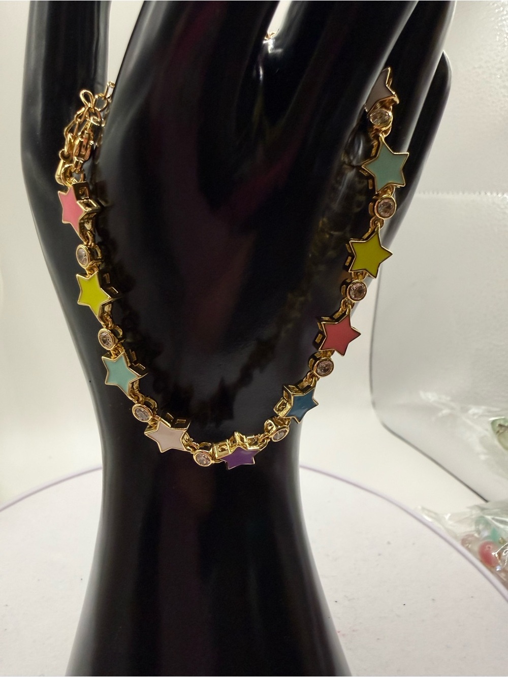 Gold Tone Multicolor Star Link Bracelet - Pastel Stars